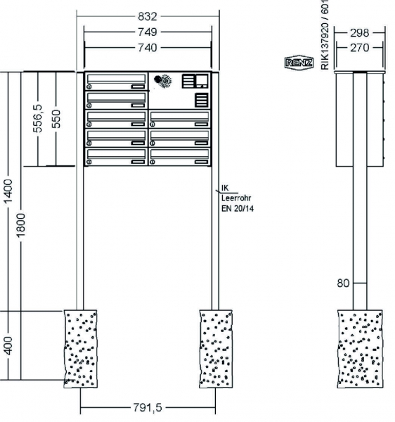 RENZ Briefkastenanlage freistehend, Basic B, Edelstahl V4A, Kastenformat 370x110x270mm, mit Klingel - & Lichttaster und Vorbereitung Gegensprechanlage, 8-teilig, zum Einbetonieren